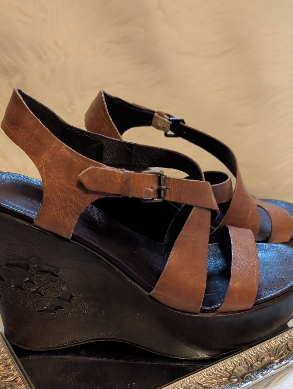 Hush Puppies Brown Leather Platform Wedge Sandals with Ankle Strap